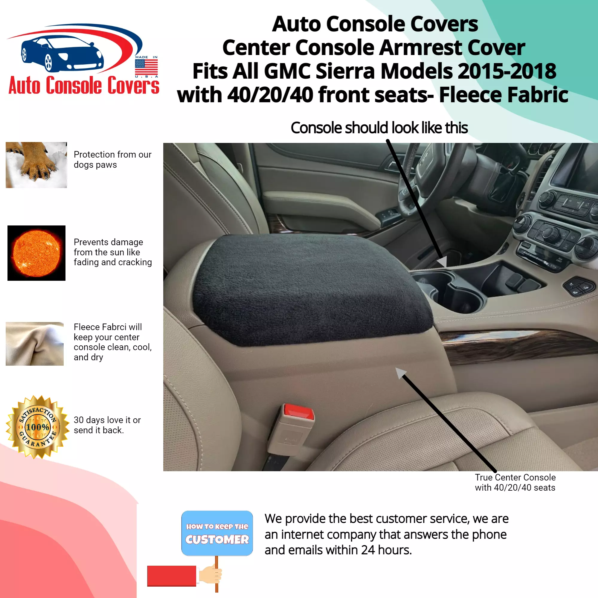 Buy Fleece Center Console Armrest Covers fits the GMC Sierra Denali, 2015-2018