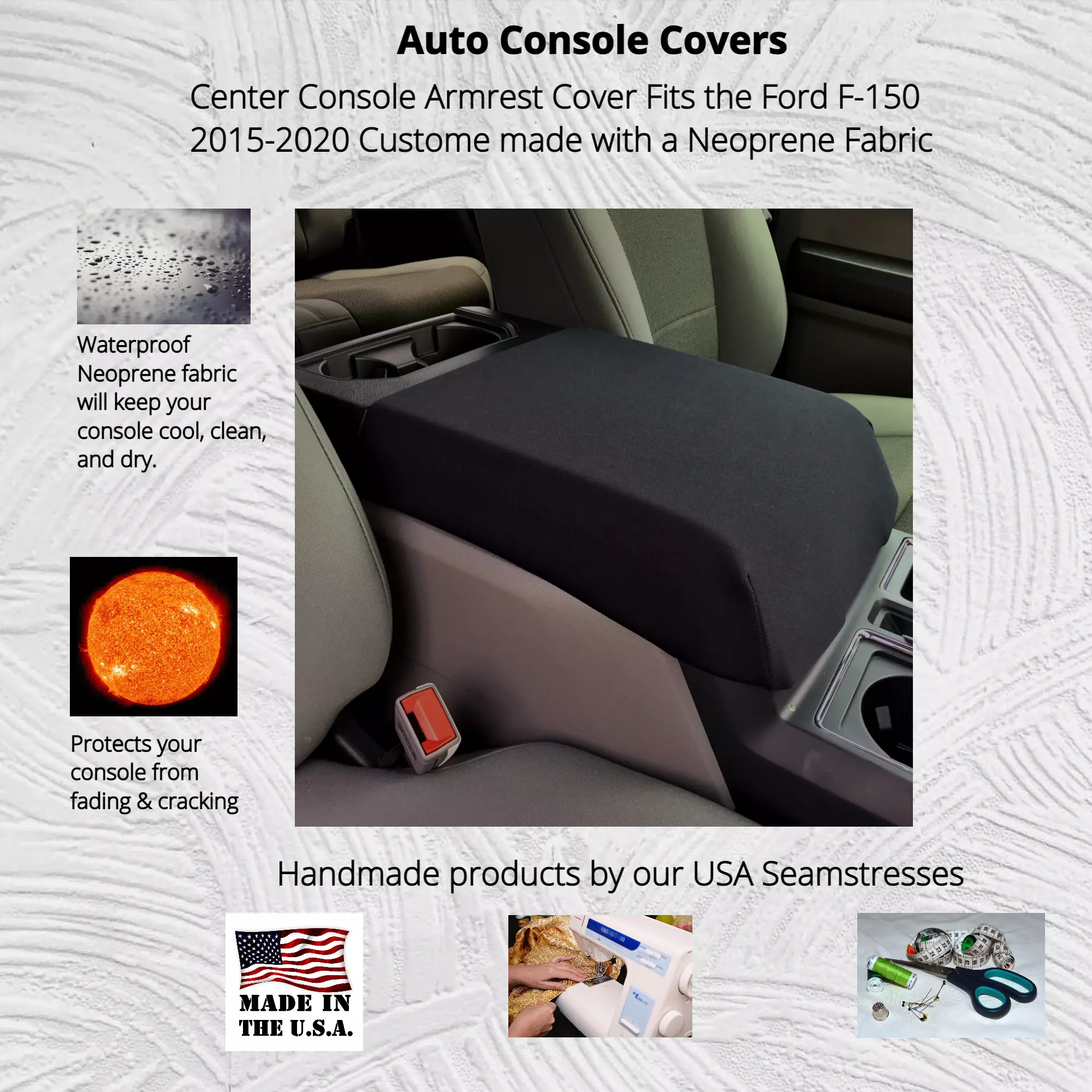 Gray Fits The Ford F-150 2015-2021 Center Console Armrest Cover Waterproof Neoprene Fabric Auto Console Covers